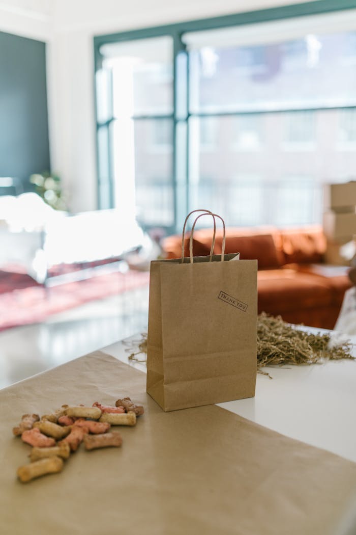 journey Brown paper bag with dog treats, ideal for small business showcasing eco-friendly packaging.