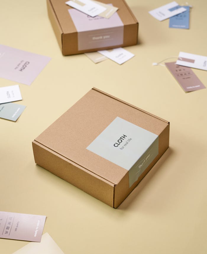 About A close-up of cardboard boxes and tags on a yellow background, showcasing minimalist design.